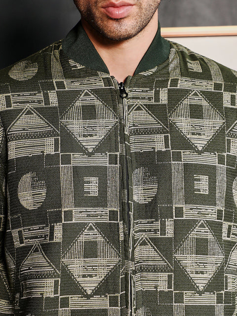 Hooked Geometric-Jacquard Bomber Jacket
