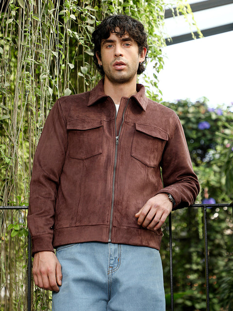 Interim Solid Utility-Suede Bomber Jacket