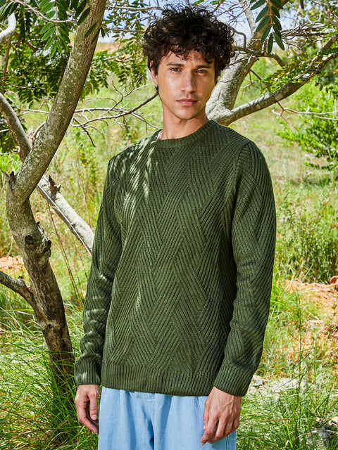 Hooked Basket-Knit Pullover Sweater