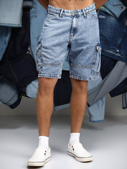 Just Be Acid-Wash Utility Denim Shorts