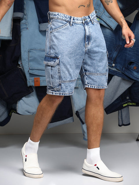 Just Be Acid-Wash Utility Denim Shorts