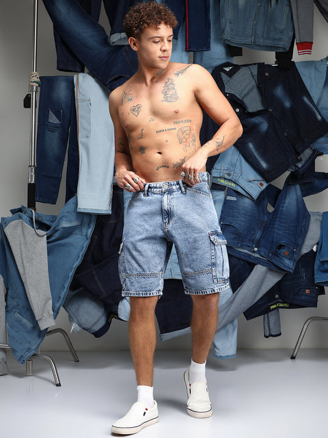 Just Be Acid-Wash Utility Denim Shorts