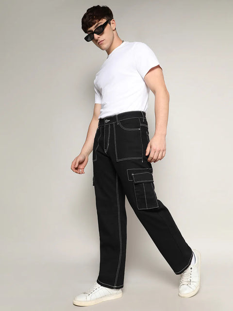 Just Be Contrast Stitched Cargo Denim Jeans