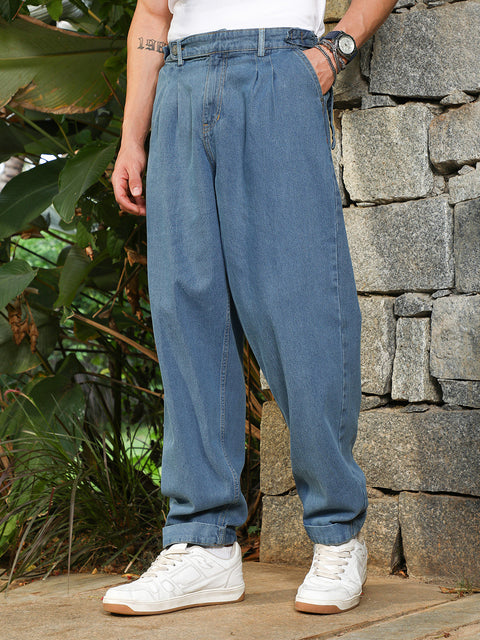 Take 2 Indigo Blue Mid-Wash Pleated Denim Jeans