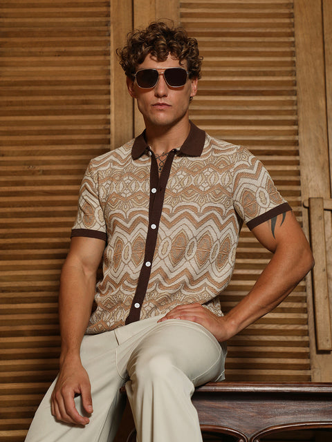 Behookd Brown Geometric Pattern Polo Collar Shirt