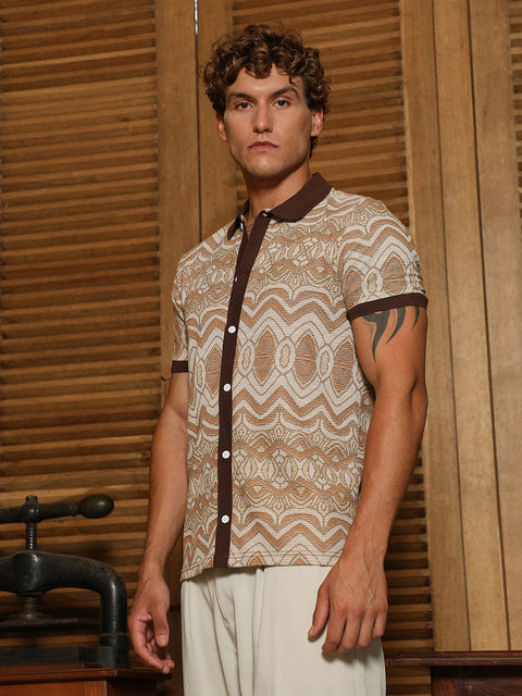 Behookd Brown Geometric Pattern Polo Collar Shirt