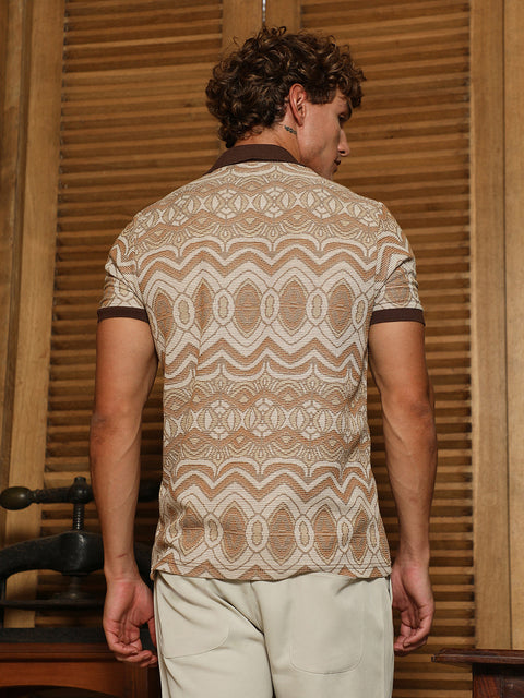 Behookd Brown Geometric Pattern Polo Collar Shirt