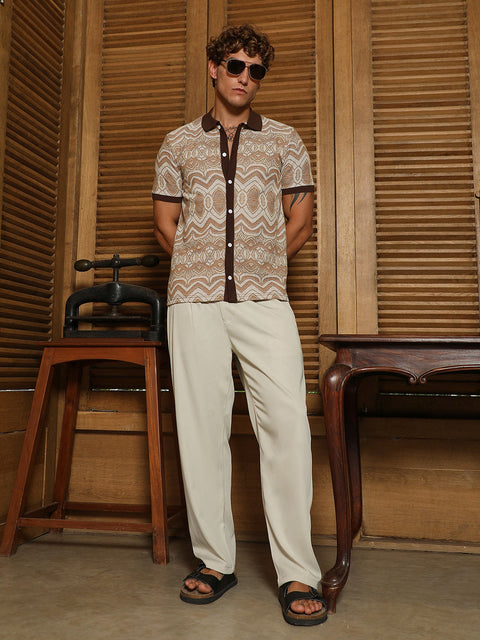 Behookd Brown Geometric Pattern Polo Collar Shirt