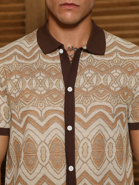 Behookd Brown Geometric Pattern Polo Collar Shirt