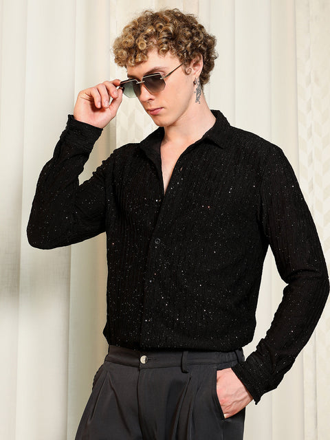 Behookd Black Textured Slim Fit Shirt With Shimmer Effect