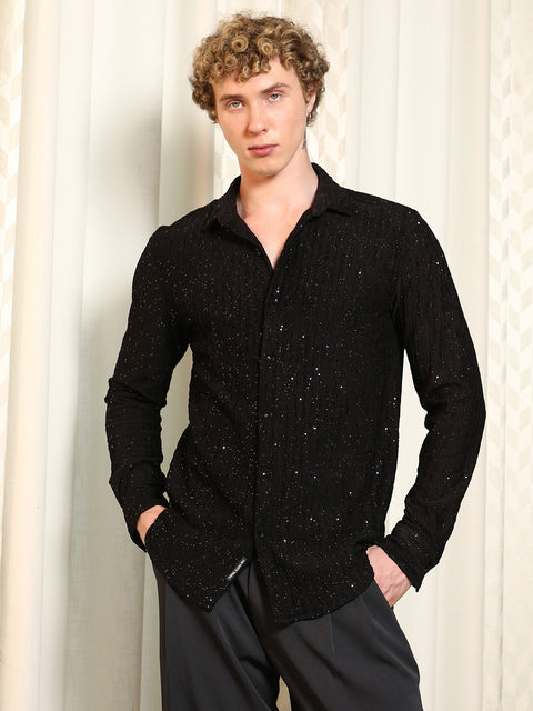 Behookd Black Textured Slim Fit Shirt With Shimmer Effect