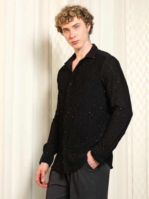 Behookd Black Textured Slim Fit Shirt With Shimmer Effect