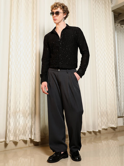 Behookd Black Textured Slim Fit Shirt With Shimmer Effect