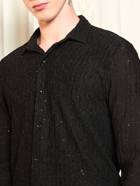 Behookd Black Textured Slim Fit Shirt With Shimmer Effect