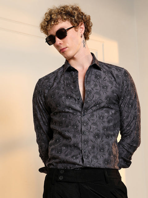 Behookd Dark Grey Floral Self Design Slim Fit Shirt