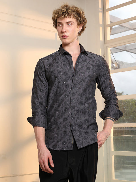 Behookd Dark Grey Floral Self Design Slim Fit Shirt