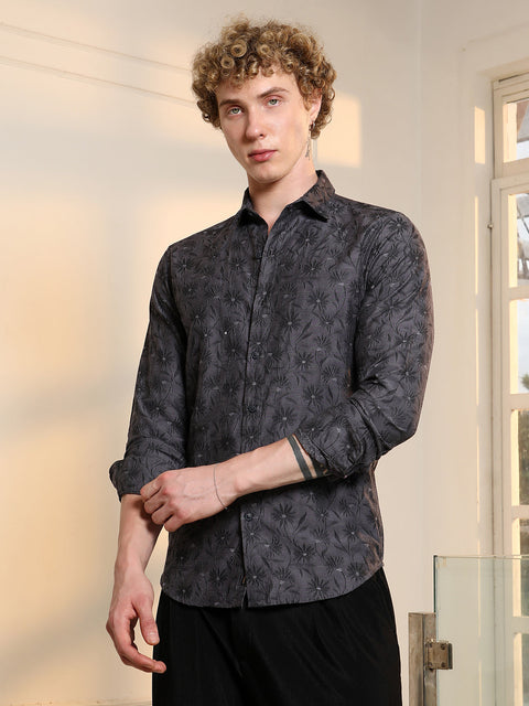 Behookd Dark Grey Floral Self Design Slim Fit Shirt