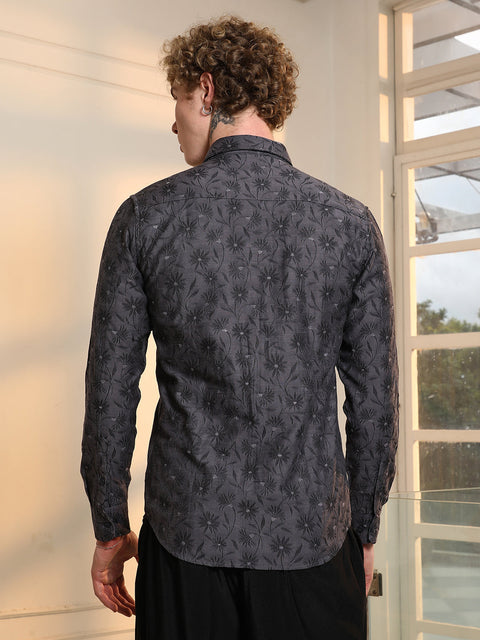 Behookd Dark Grey Floral Self Design Slim Fit Shirt
