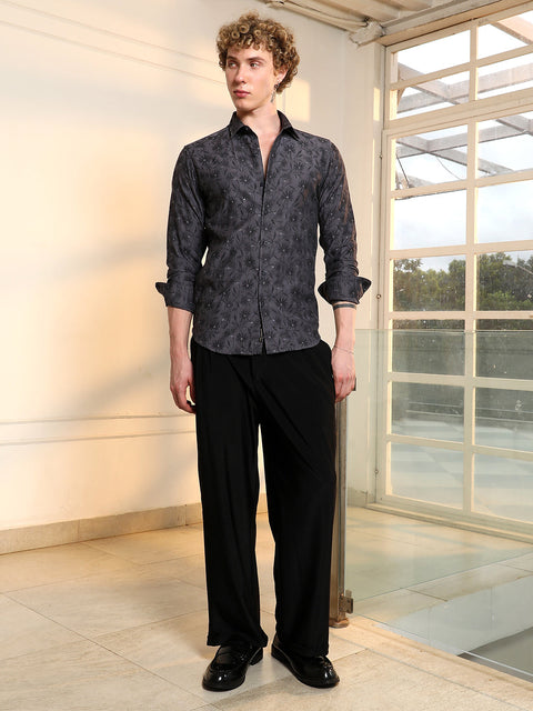 Behookd Dark Grey Floral Self Design Slim Fit Shirt