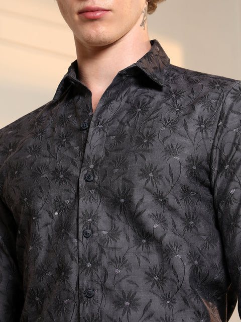 Behookd Dark Grey Floral Self Design Slim Fit Shirt