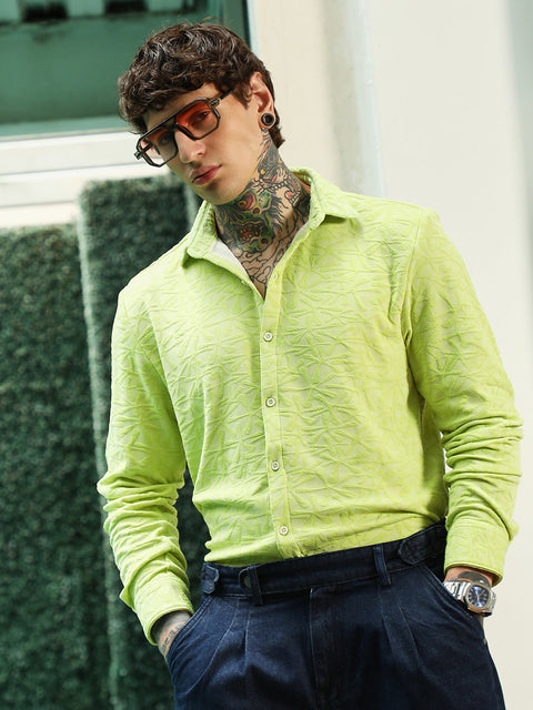 Behookd Lime Green Textured Full Sleeve Shirt For Men