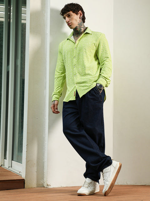 Behookd Lime Green Textured Full Sleeve Shirt For Men