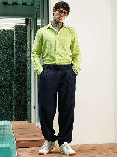 Behookd Lime Green Textured Full Sleeve Shirt For Men