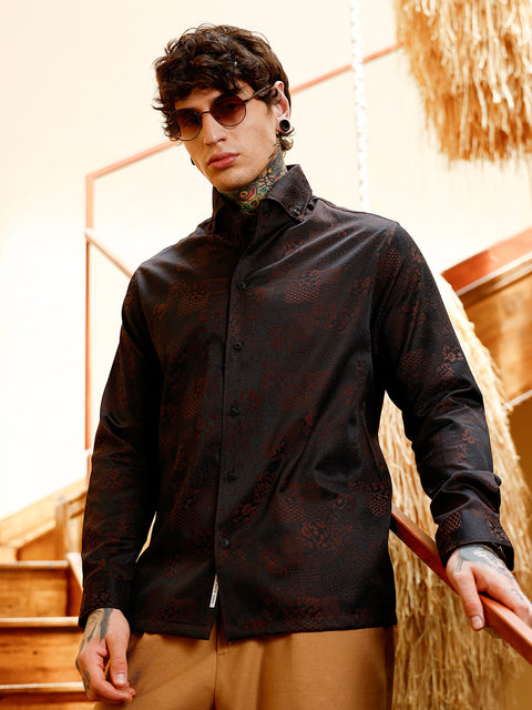 Hookd Dark-Tone Flora-Block Jacquard Shirt