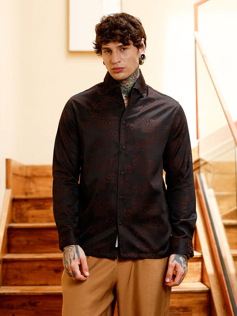 Hookd Dark-Tone Flora-Block Jacquard Shirt