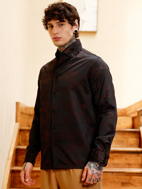 Hookd Dark-Tone Flora-Block Jacquard Shirt