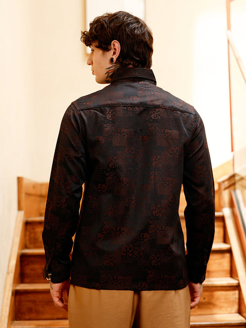 Hookd Dark-Tone Flora-Block Jacquard Shirt