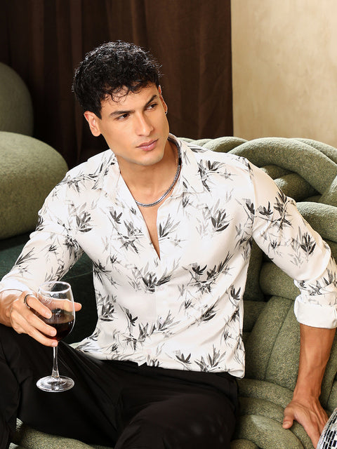 Just Be Faded-Leaf Imprint Satin Shirt