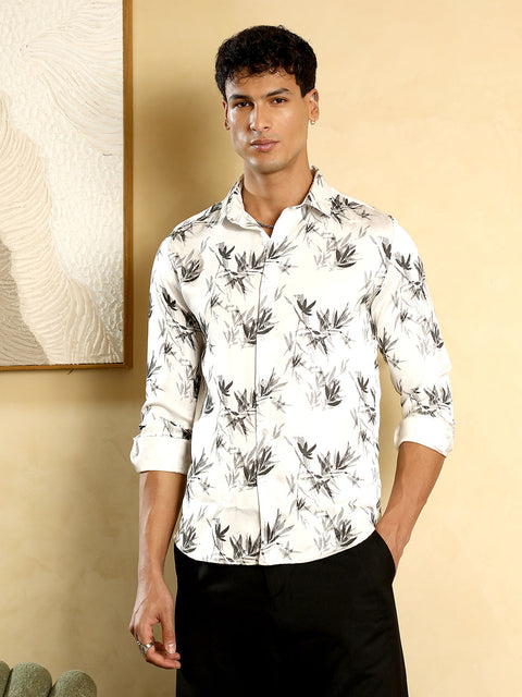 Just Be Faded-Leaf Imprint Satin Shirt