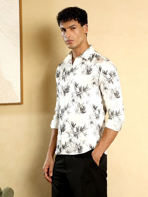 Just Be Faded-Leaf Imprint Satin Shirt