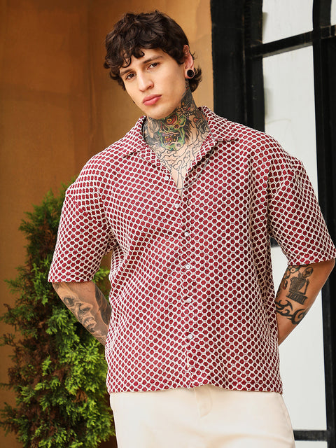CTRL CLUB Geometric-Crochet Cuban Oversized Shirt