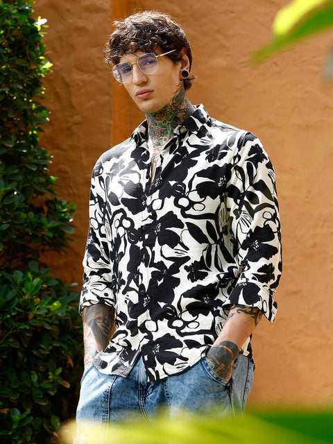 Hooked Contrast-Botanical Imprint Shirt