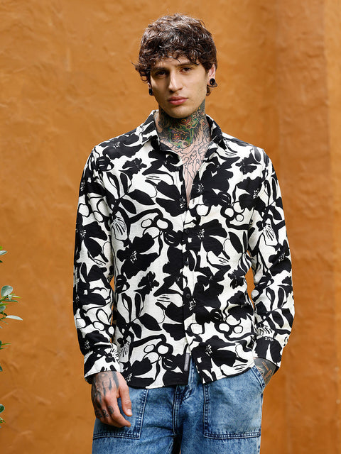 Hooked Contrast-Botanical Imprint Shirt