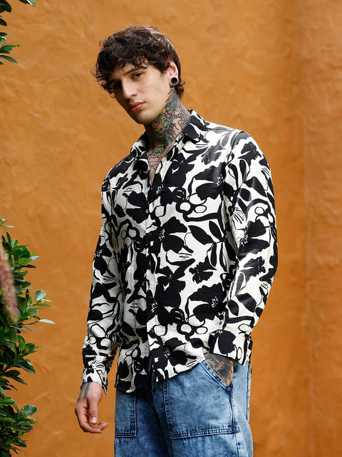 Hooked Contrast-Botanical Imprint Shirt