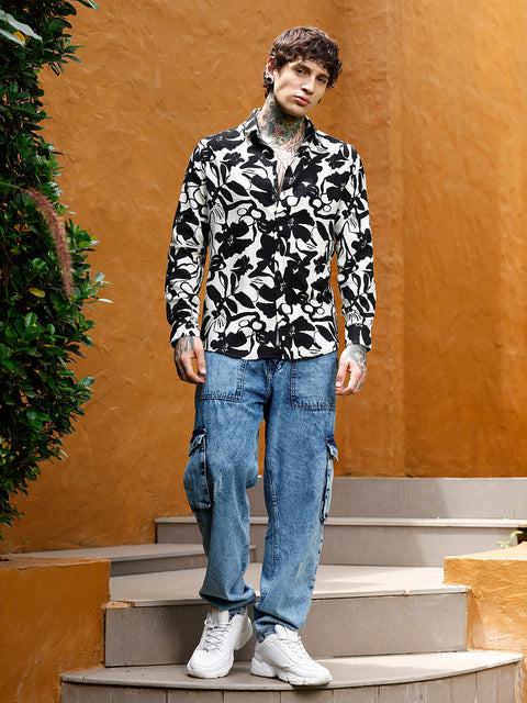 Hooked Contrast-Botanical Imprint Shirt