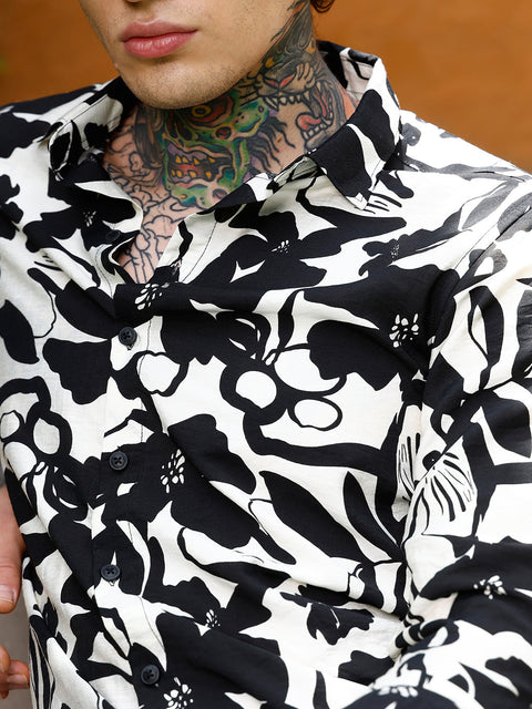 Hooked Contrast-Botanical Imprint Shirt