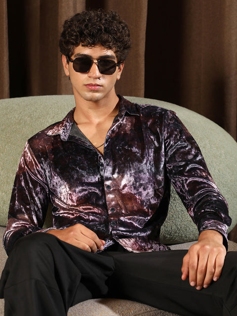 Hooked Contrast-Blur Imprint Velvet Shirt