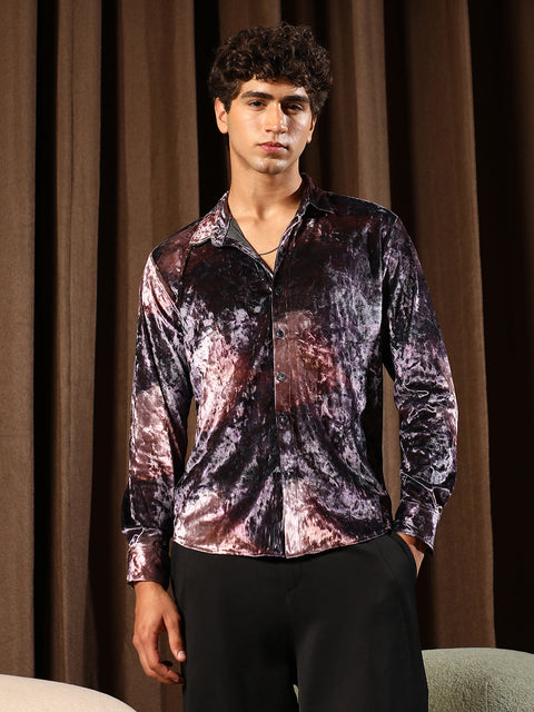 Hooked Contrast-Blur Imprint Velvet Shirt