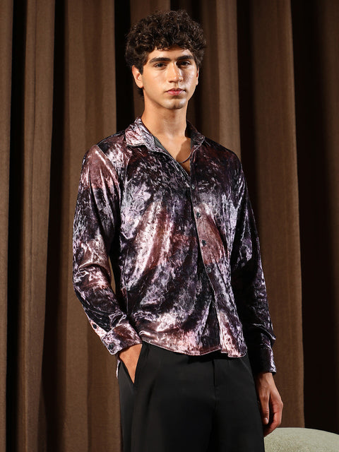 Hooked Contrast-Blur Imprint Velvet Shirt
