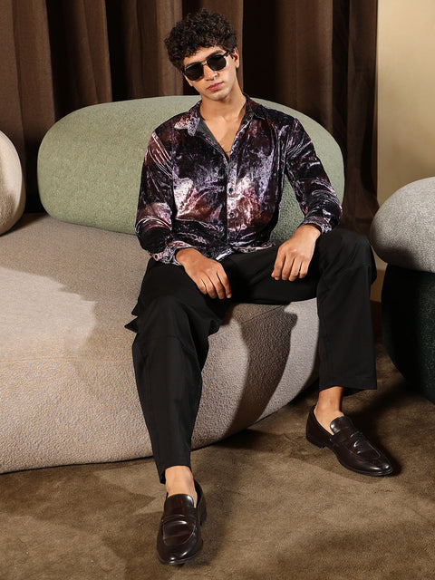 Hooked Contrast-Blur Imprint Velvet Shirt