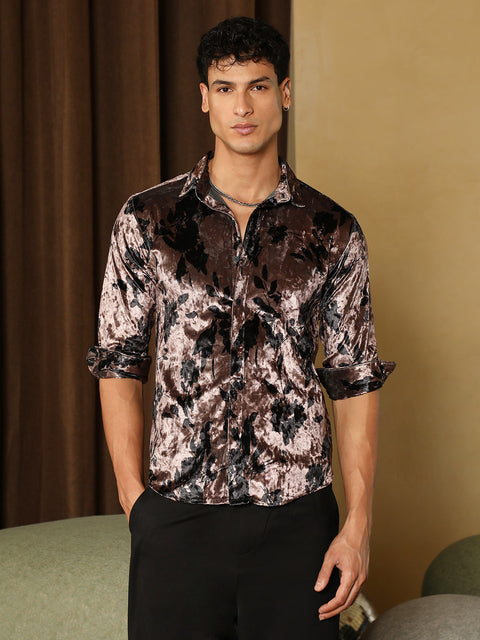 Hooked Contrast-Botanical Imprint Velvet Shirt