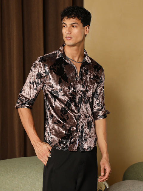 Hooked Contrast-Botanical Imprint Velvet Shirt