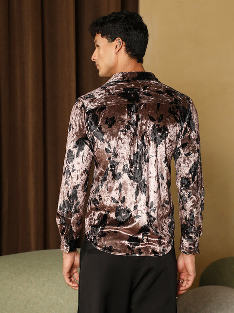 Hooked Contrast-Botanical Imprint Velvet Shirt