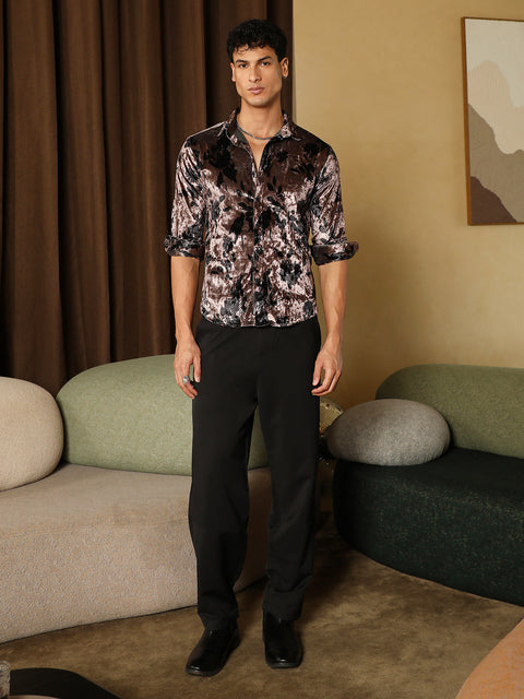 Hooked Contrast-Botanical Imprint Velvet Shirt
