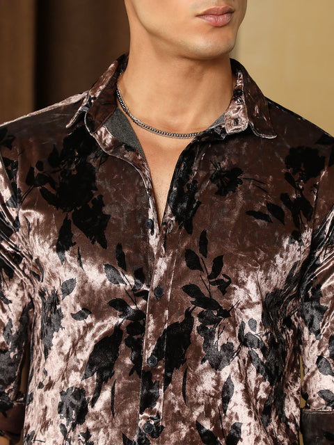 Hooked Contrast-Botanical Imprint Velvet Shirt