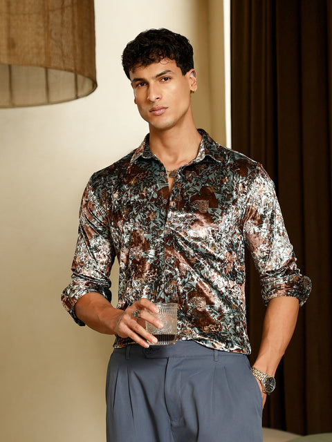 Hooked Botanical-Cluster Imprint Velvet Shirt